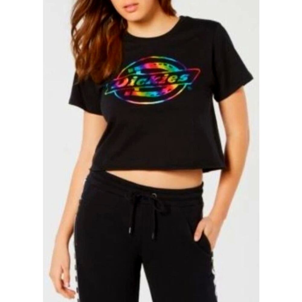 Dickies Black Rainbow Logo Raw Hem Crop Top T-Shirt XS Crew NWT Baby Tee